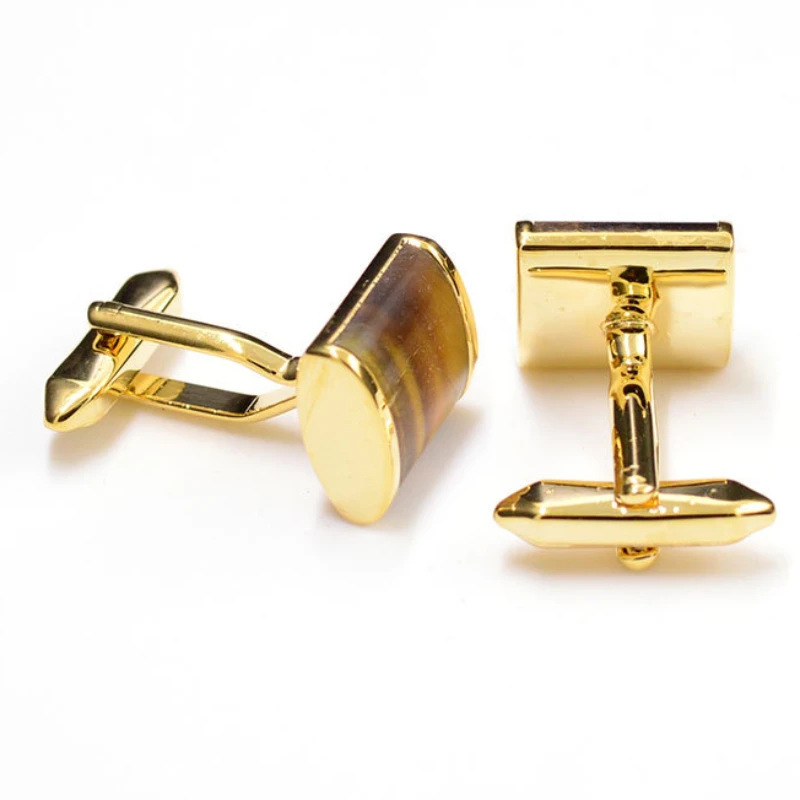 New Tiger Eye Stone Yellow Cufflinks for Men\'s Business Party Shirts with Metal Buttons Cuff Accessories Friends\' Birthday Gifts