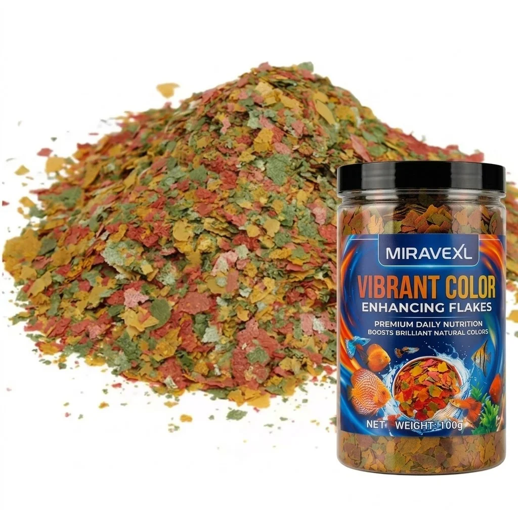 MIRAVEXL Farbverstärkende Flocken, Premium-Fischfutter 100g, Tägliche Nahrung, Perfekt für Tropen- und Zierfische