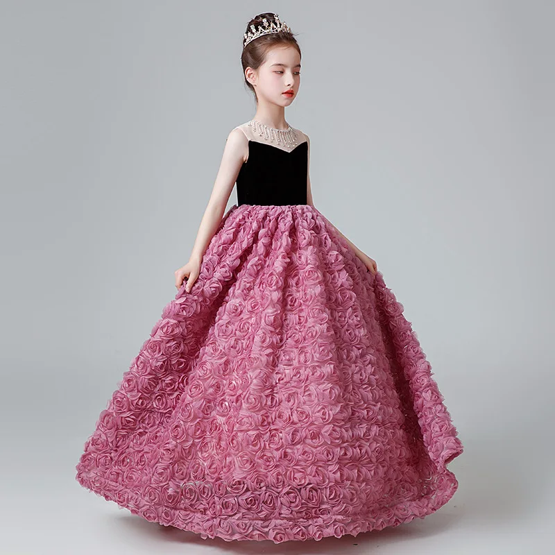 luxury Girls Princess Rose Pearl Children Beading tutu Wedding Gown Sleeveless Kids Dresses baby infant Birthday Party Dress