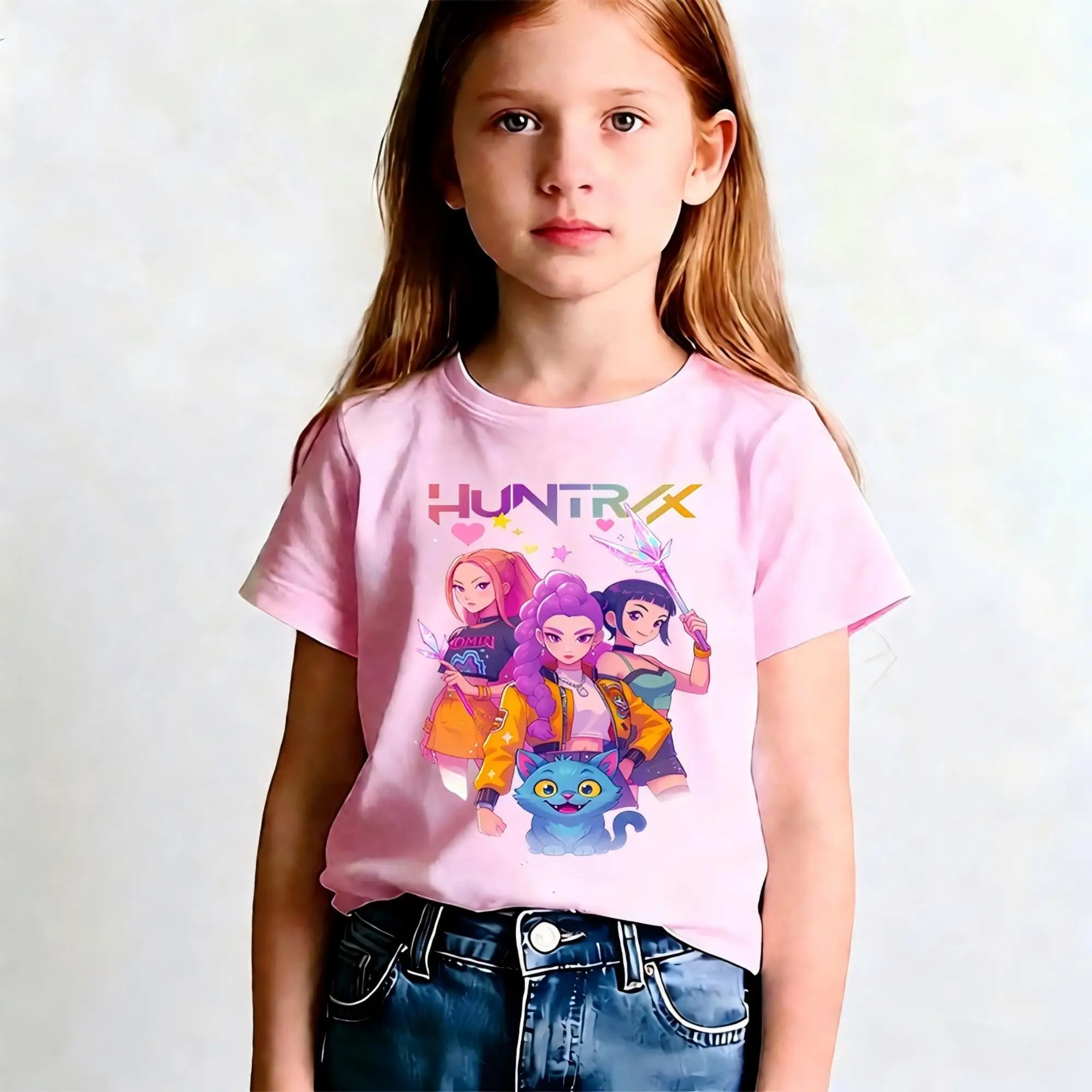 

Футболка Summer 2026 из фильма KPop Demon Hunters, с коротким рукавом, повседневная, свободного кроя, с графическим принтом, для девочек и мальчиков