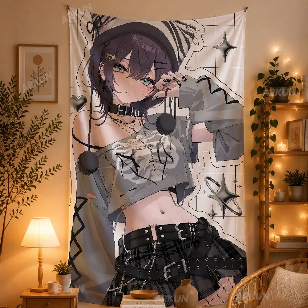 Y2K Anime Girl Tapestry, Grid Background Dark Street Style Wall Hanging, Cool Aesthetic Wall Blanket Decor