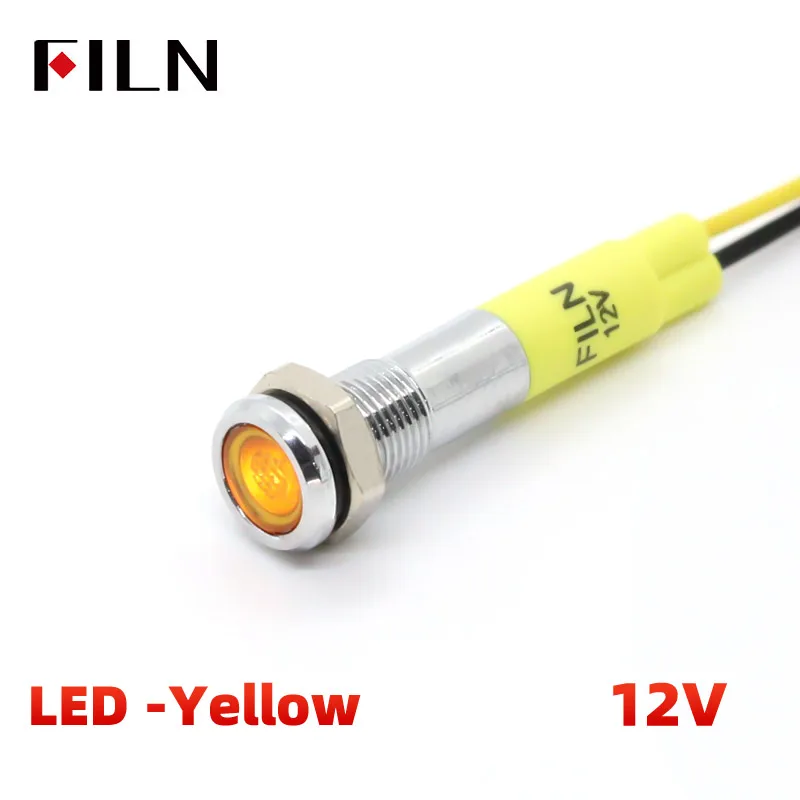FILN 1PC IP65 Waterproof Metal Indicator Light Signal Lamp with Wire 12VRed/Yellow Light Miniature Indicator Light 6mm LED