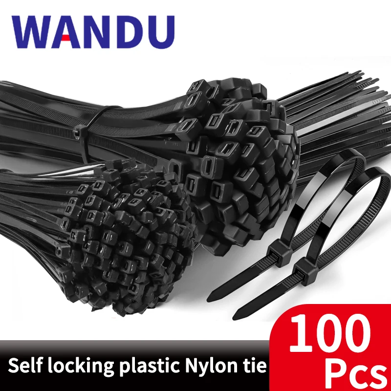 100pcs Self-locking Plastic Nylon Tie Black Fastening Strap Cable-Tie-Set Cable Zip Tie Fastening Ring Zip Wraps Strap Tie Wandu