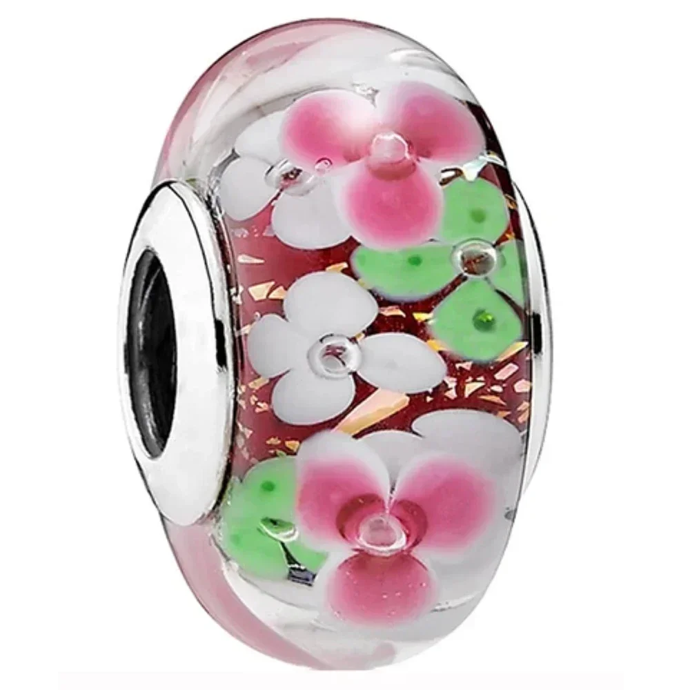 Klassischer 925 Sterling Silber Farbiger Blumen-Blatt-Kosmos-Regenbogen Murano-Glas Charm-Anhänger für DIY-Armbänder Damenschmuck Geschenk