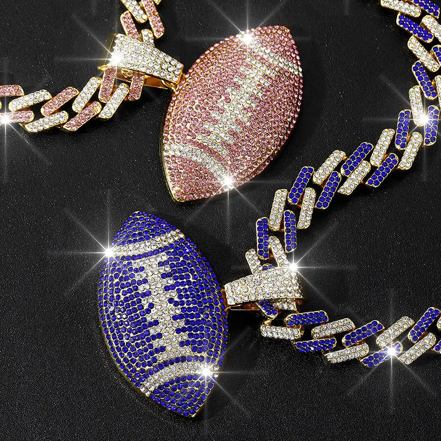 1PCS Cross Border Full Diamond Football Alloy Pendant European And American Hip Hop Colorful Cuban Chain For Men