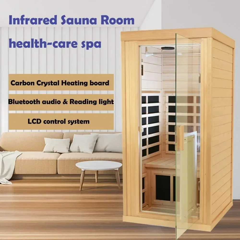 Sala de sauna infravermelha distante, sauna doméstica, sauna interna para 1 pessoa, 1,350 watts, hemlock canadense, lâmpada de leitura LED, controle de display LCD