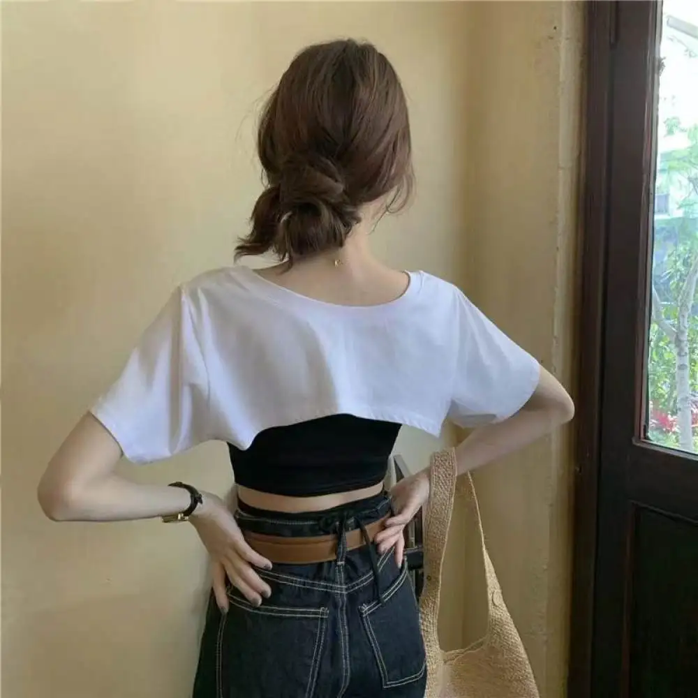 Trendy Ladies Solid Color Crop Top Short Sleeve T Shirt Casual Loose Sexy Streetwear Jazz Dance Fitness Sport Blouse