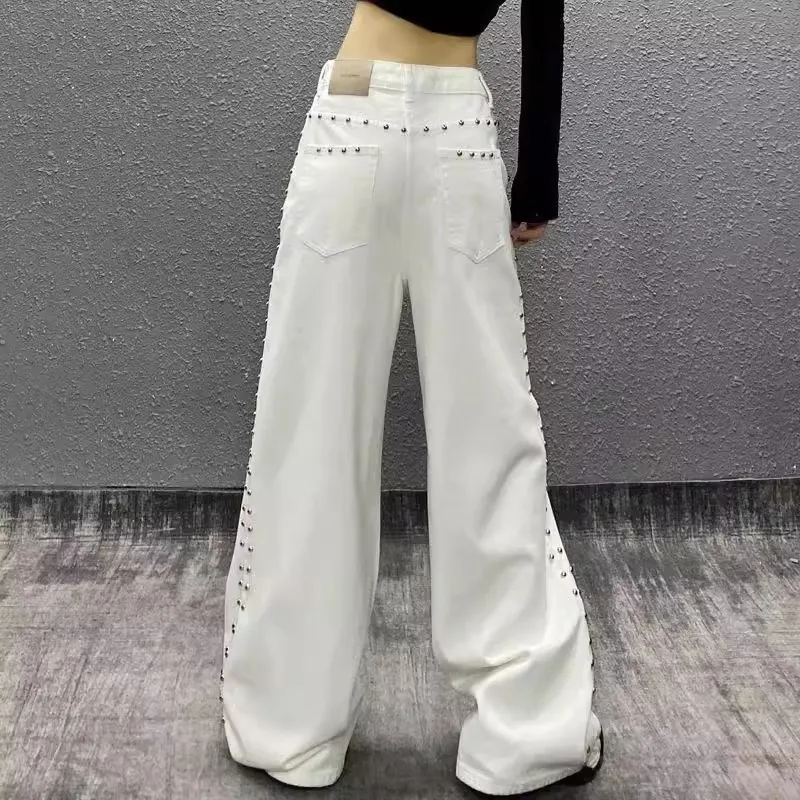 American Style Vintage Beaded Denim Jeans Women High Waist Drape Straight Wide Leg Pants Summer New White Loose Trousers