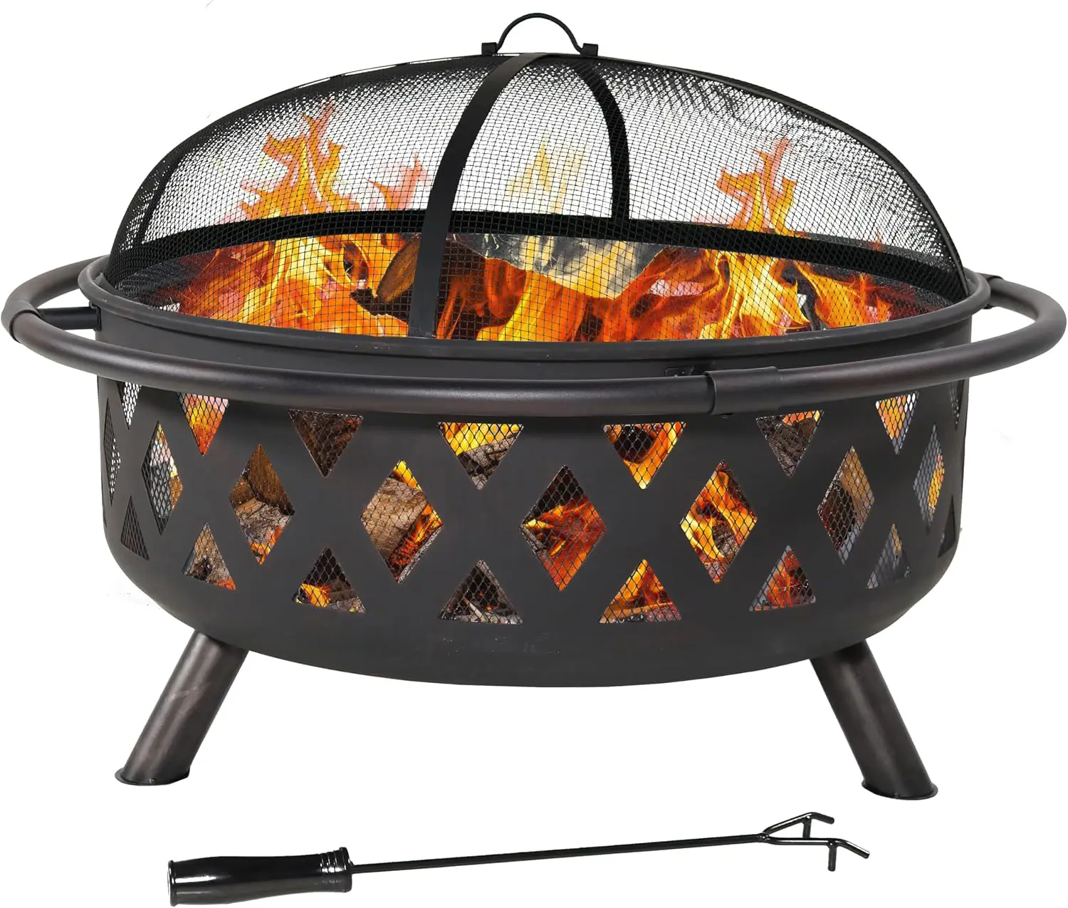 Outdoor Wood Burning Fire Pit, Heavy Duty Round Metal Bonfire Bowl, Backyard Patio Heating Stove, Decorative Crossweave Lawn Hearth, Modern Black Finish, With Spark Screen Poker And Cover Set