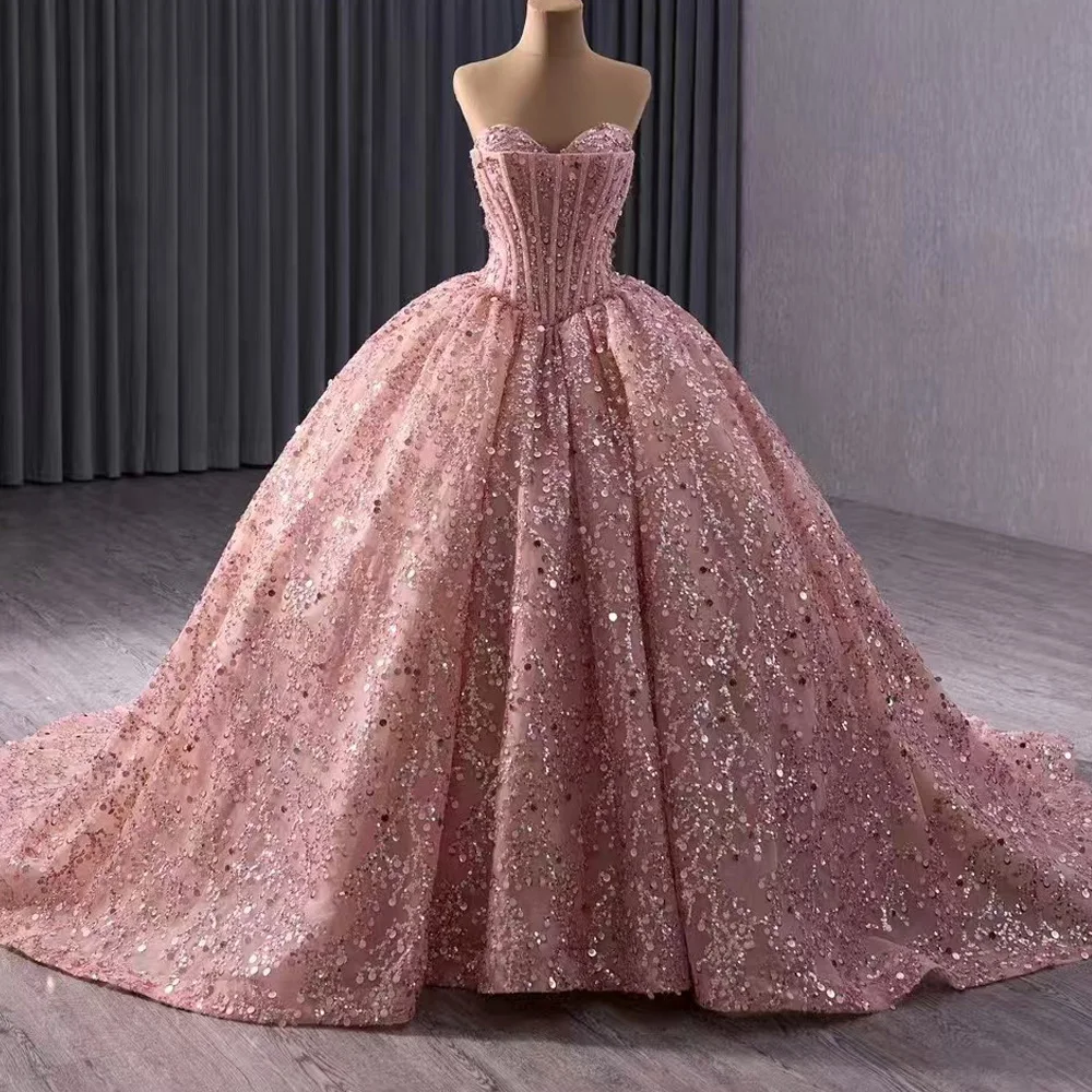 

Princess Pink Sweetheart Sleeveless Evening Dress Sequined Lace-Up Back Customizable Luxury Prom Gown