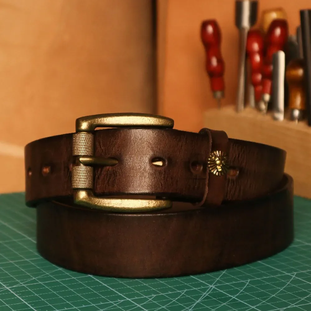 Handmade Retro-Style Leather Belt with Antique Brass Buckle and Hemp Material Original and Creative Ame Ka Ji Cowboys Jeans Belt