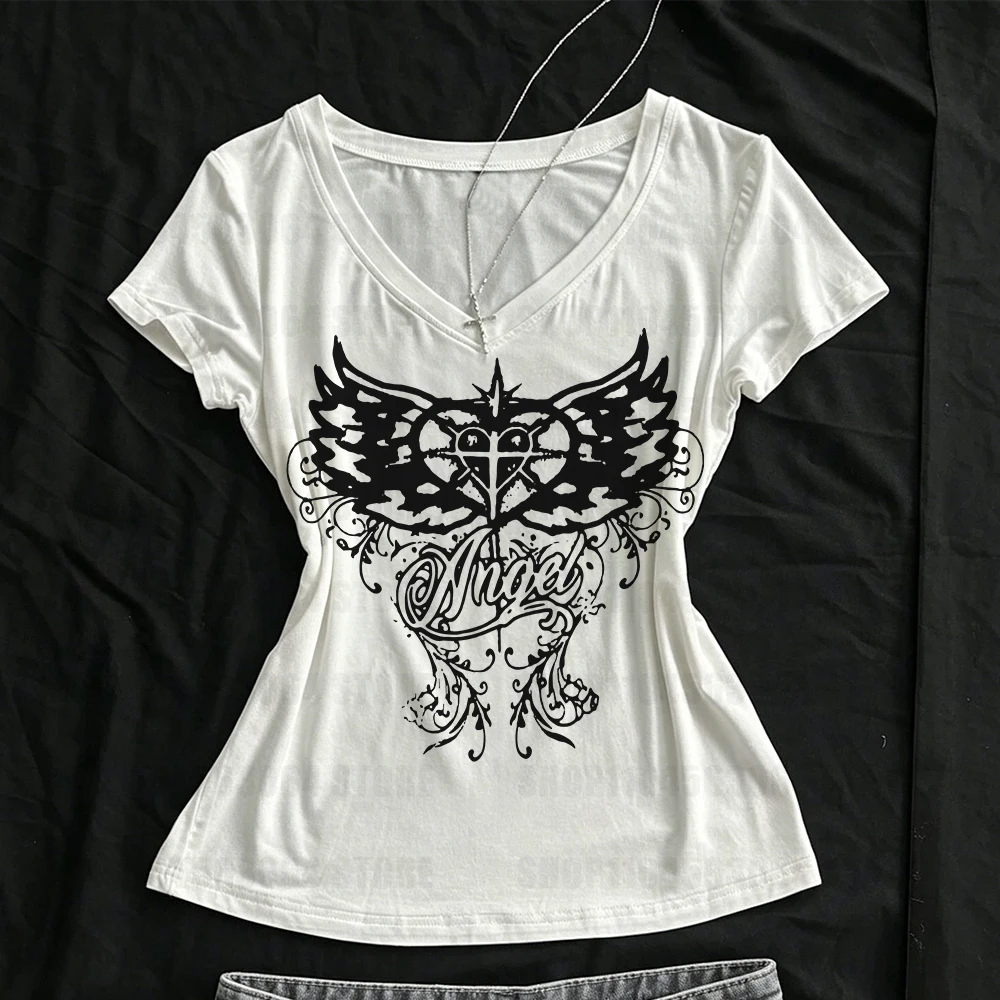 V-neck Gothic style T-shirt for women, 2026 letter wing print details, 2000s street style short sleeved T-shirt