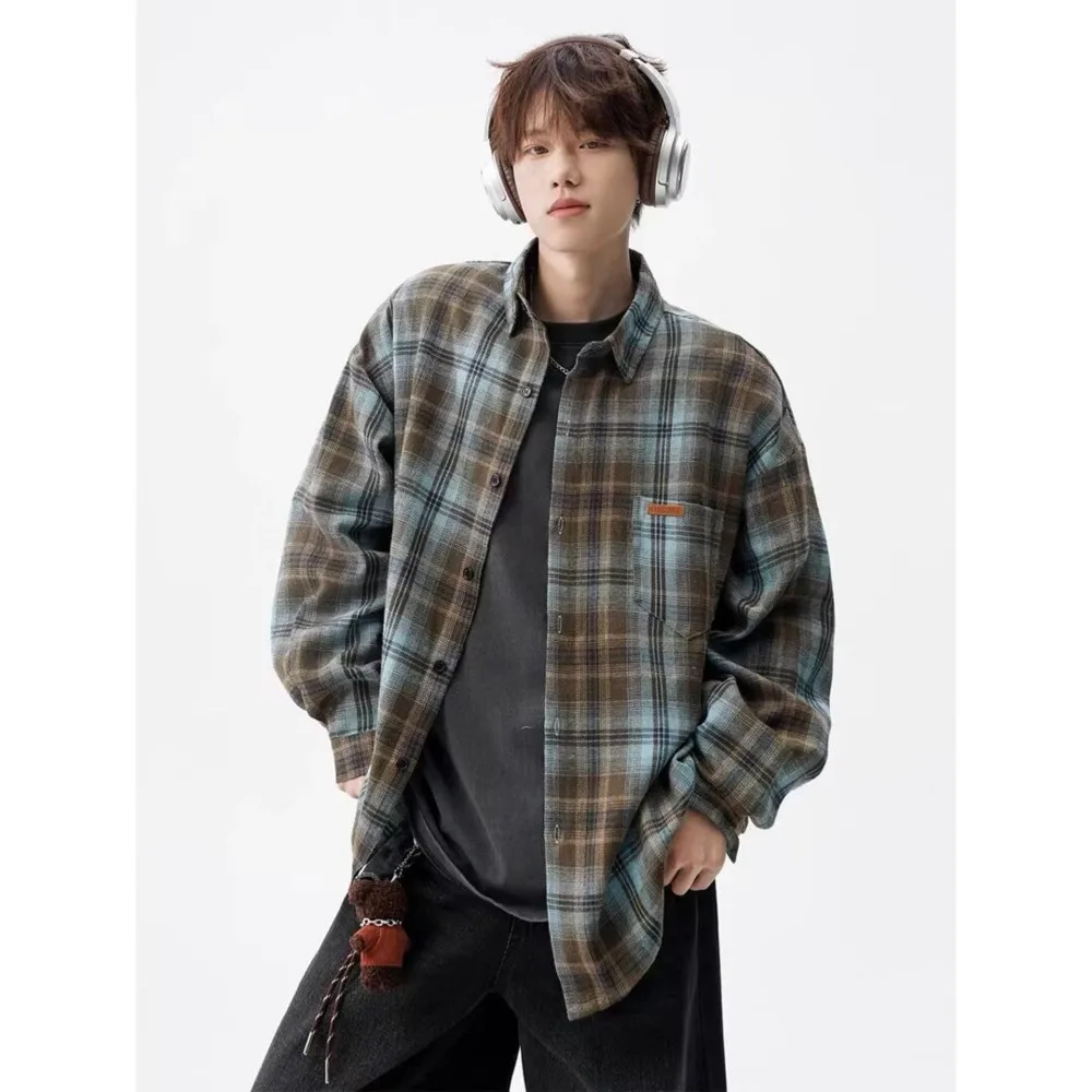 Vintage Checkered Shirt Long Sleeve High Street Fashion Unisex Couples Button Down Casual Top With Chest Pocket For Layering