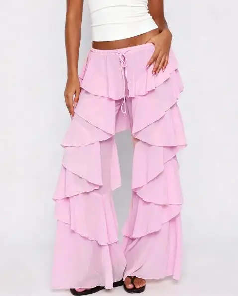 Leg Pants Casual Women Ruffled For Leg Pants Ruffled Wide Leg Solid Drawstring Low Drawstring Low Rise For Daily Office
