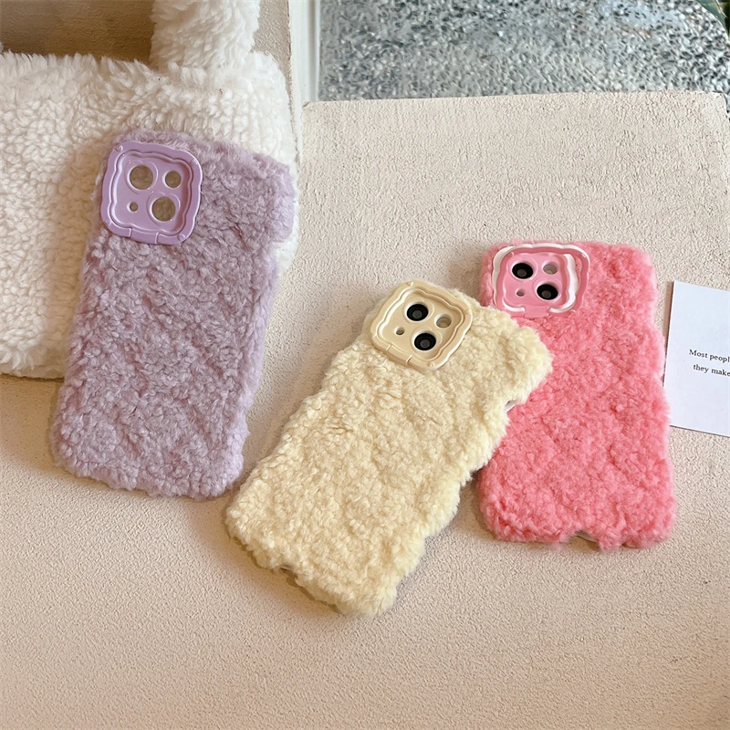 Luxury Purple pink yellow Wool Fluffy Fur phone case protection for iPhone 16 15 13 12 11 14 Pro Max 15 Plus Lovely Plush Coque