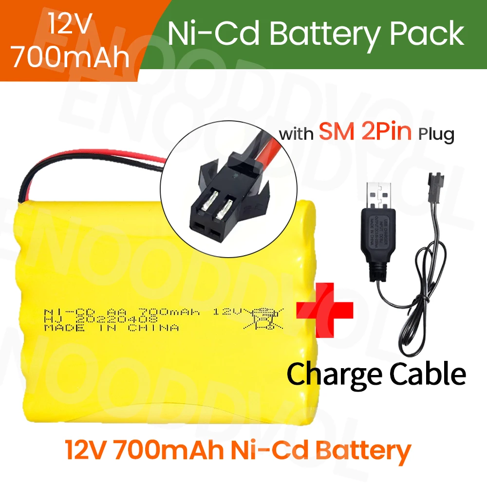 12V 700mAh Ni-Cd Battery Pack with SM 2Pin Plug and Charging Cable for RC Trucks Cars Robots Tools Toys Camera Medical Devices