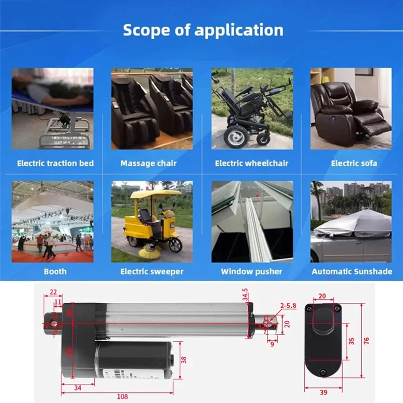 Electric Linear Actuator Motor DC 24V 30-100mm Stroke Linear Actuator Push Linear Drive Motor with Bracket 2000N