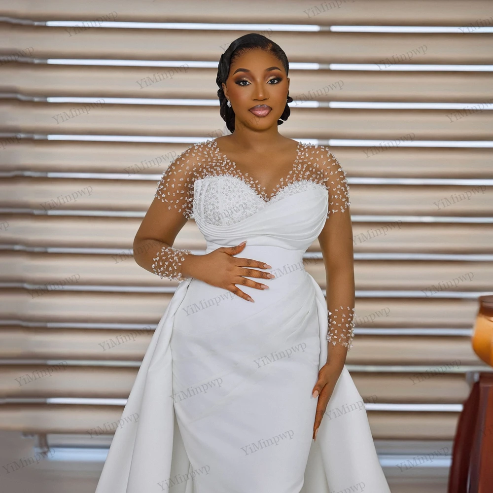 

Aso Ebi Beaded Mermaid Wedding Dresses 2 in 1 Full Sleeve Wedding Dress Detachable Train Satin Gorgeous Bridal Gowns Customized