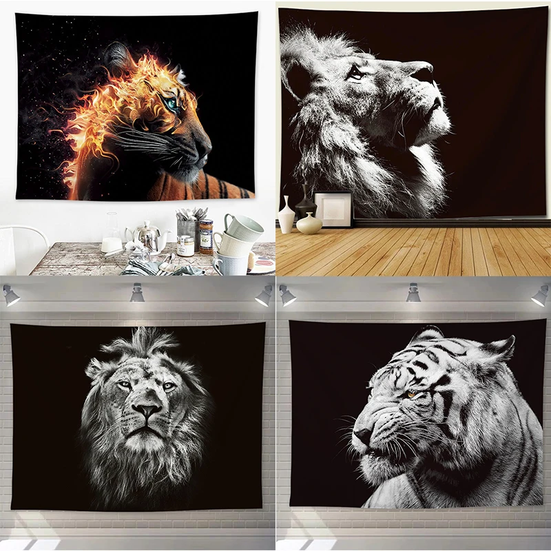 black white animal lion tapestry decoration hippie lace wall hanging tiger   mandala  home decor 