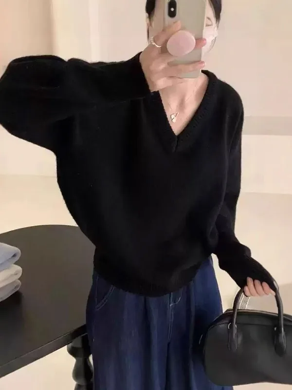 

Korean Sle V-Ne Loose Women's Sweater Bla Autumn Winter Lazy Sle Soft Cozy Base Layer Knitted Loose Top