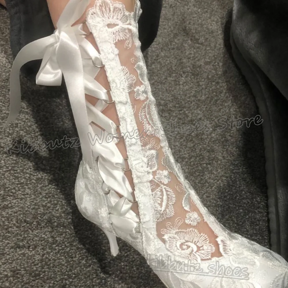 

Knee High Boots Lace Satin Bows Wedding Party Fashion Elegant Concise Sexy Novelty Pointy Thin Heels Women Shoes New Solid Color