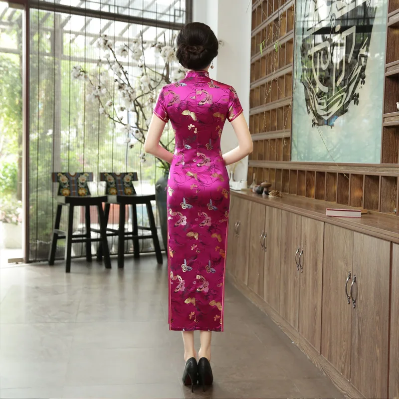 Lente Zomer Nieuwe Satijn Qipao Roze Vlinder Print Cheongsams Vrouwen Elegante Lange Jurk Chinese Traditie Jurken Sexy Vestidos