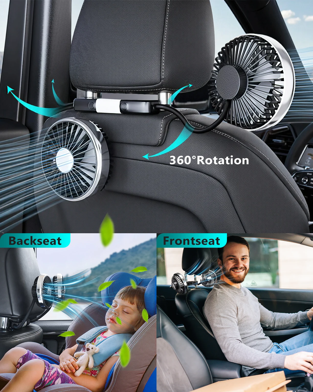 Eary Car verano doble cabezal USB ventilador montaje asiento trasero 360 giratorio 3 velocidades fuerte viento sonido silencioso 2 iluminación ventilador de aire acondicionado