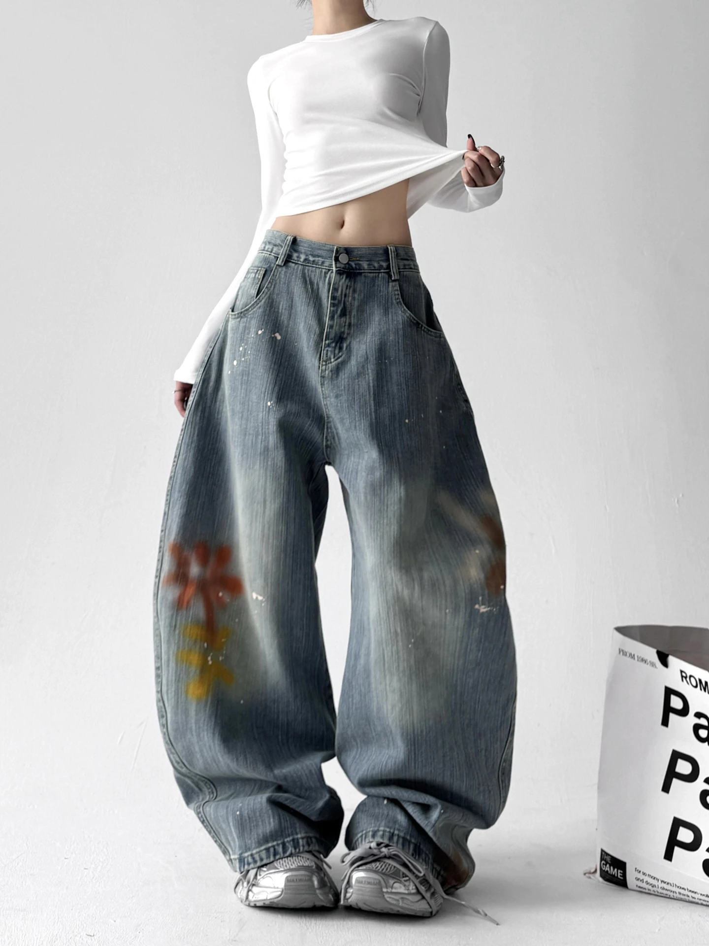 

Осень 2023, широкие джинсы с высокой талией, джинсовая ткань для уличных танцев, кольцо с фейерверком и косой полоской, повседневные джинсы свободного покроя