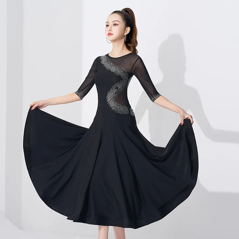 Women\'s New Modern Dance Dress Hot Diamond Mid Sleeve Ballroom Costume waltz Dance Professional Competition Skirt