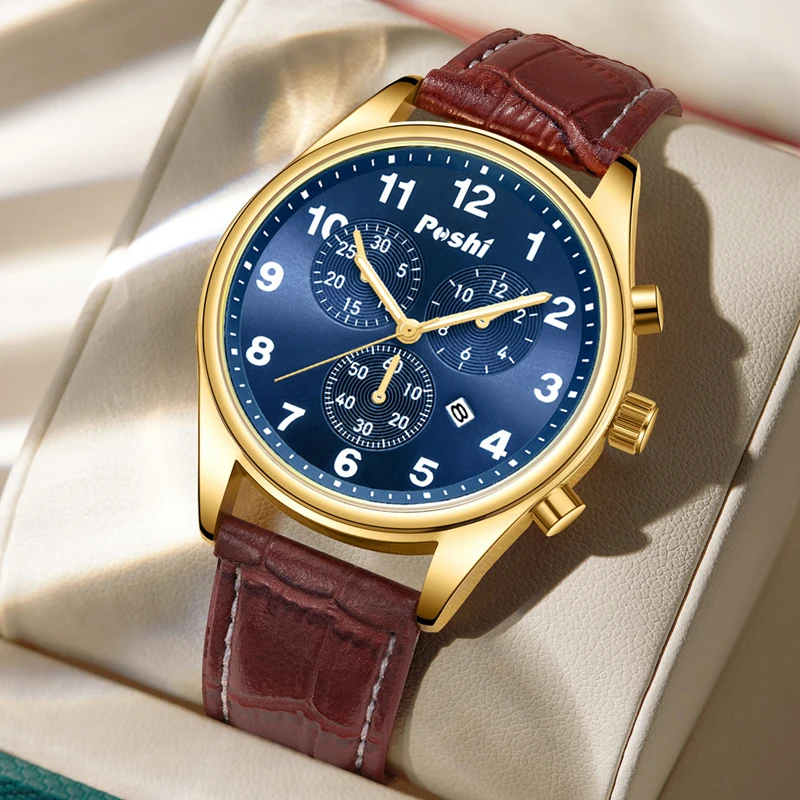 

951 оригинальные мужские часы POSHI, модные кварцевые наручные часы с кожаным ремешком, роскошные брендовые деловые повседневные стильные мужские часы с коробкой
