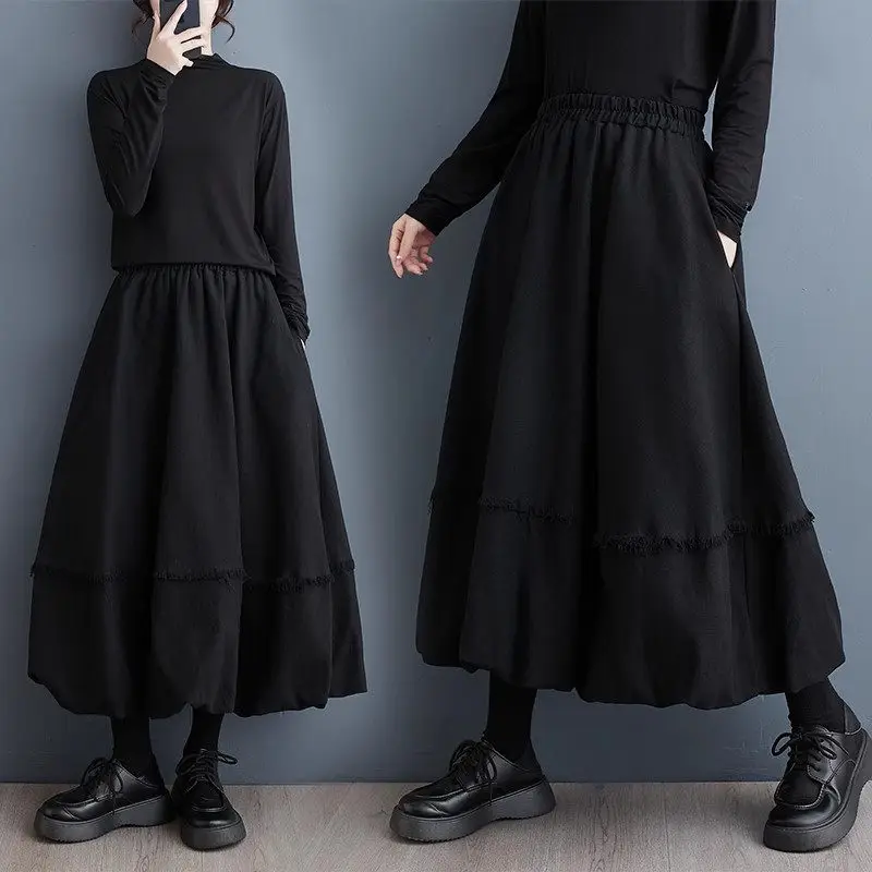 

New Autumn And Winter Black Flower Bud Skirt Women's Thickened A-Line Solid Color Mid Length Casual Skirt Vintage Faldas Z4240