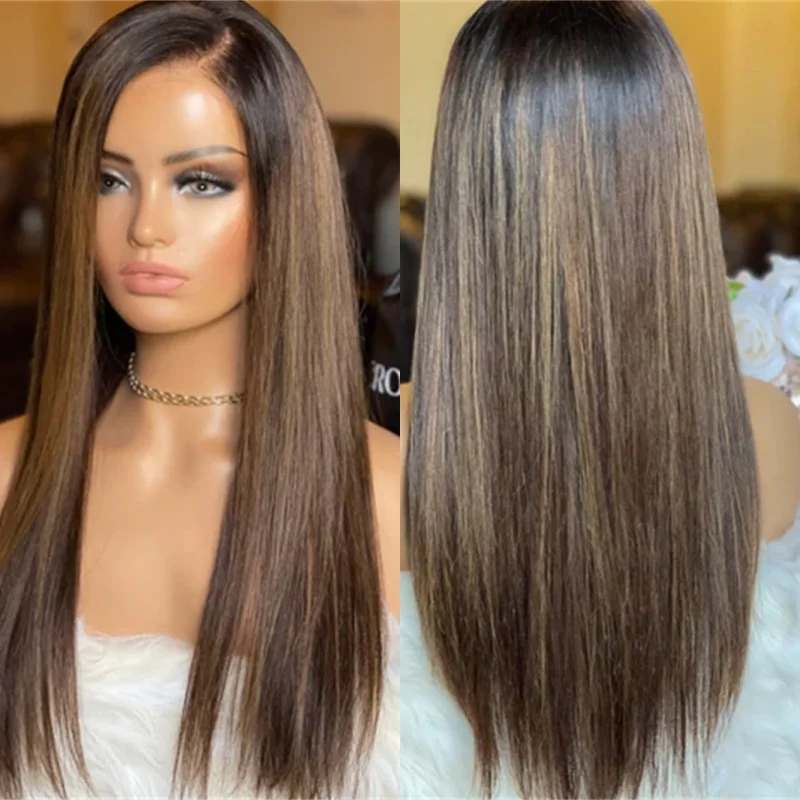 

13x4 Ombre Brunette Brown Balayage HD Synthetic Lace Front Wig Soft Long Straight Wig For Women Party High Temperature Fiber Wig