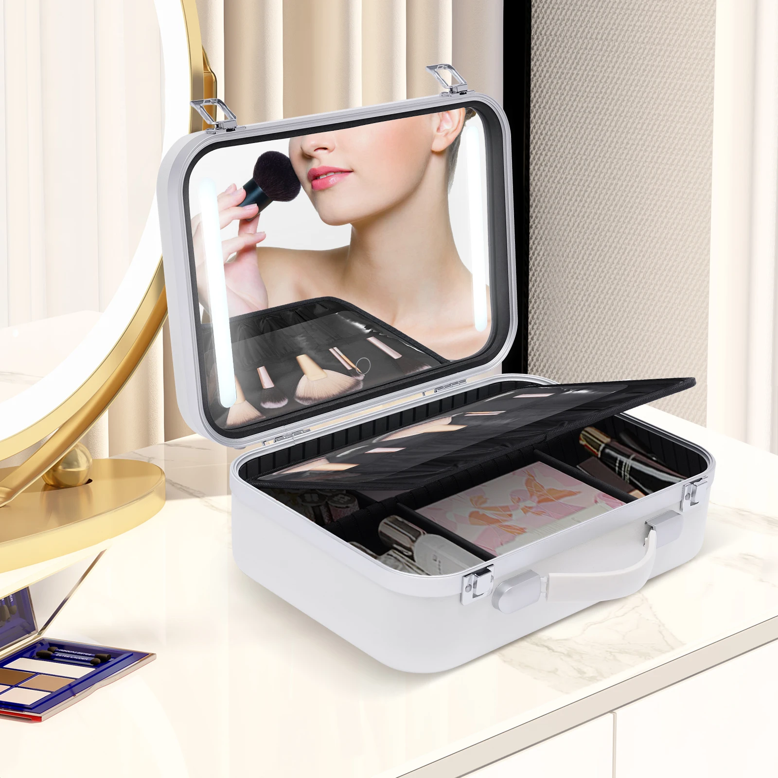 Professional Makeup Bag White Large Portable Durable Cosmetic Box Travel Toiletry Organizer With LED Light Mirror & Dividers