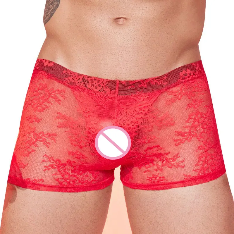Sexy Lace Mesh High Elastic Men's Boxers Breathable Shorts Sheer See Through U Bulge Pouch Underwears Thin Naked Experience