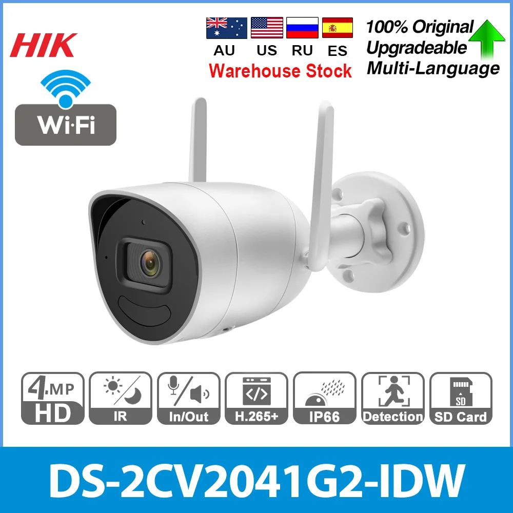 Hikvision-cámara IP Bullet Wi-Fi de 4MP, DS-2CV2041G2-IDW inalámbrica para exteriores, Audio bidireccional, ranura para tarjeta SD, videovigilancia EXIR 2,0, IP66