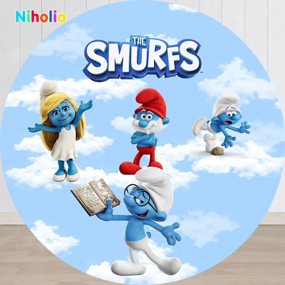 MINISO The Smurfss Round Backdrop Kids Birthday Party Decor Blue Sky Cloud Photography Background Circle Banner Phpto Booth Prop