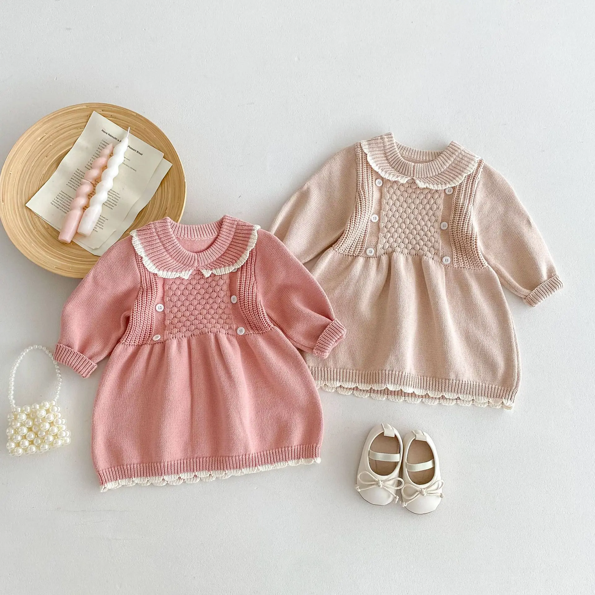 

Autumn New Girls Lace Lapel Princess Long Sleeve Dress Children Casual Dress Baby Girls Versatile Knitted Dress Kids Clothes