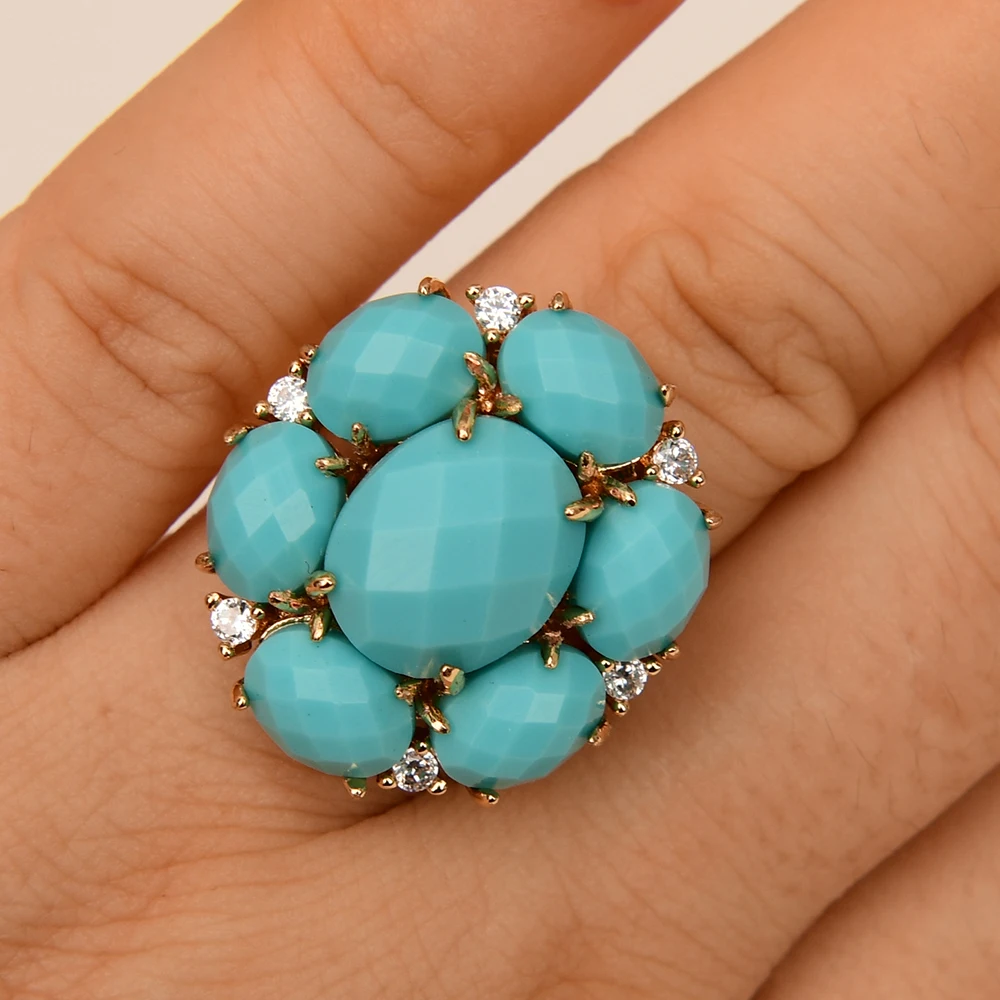 GG Jewelry Adjustable Ring Blue Turquoise Flower Gold Plated  Rings Party Gifts