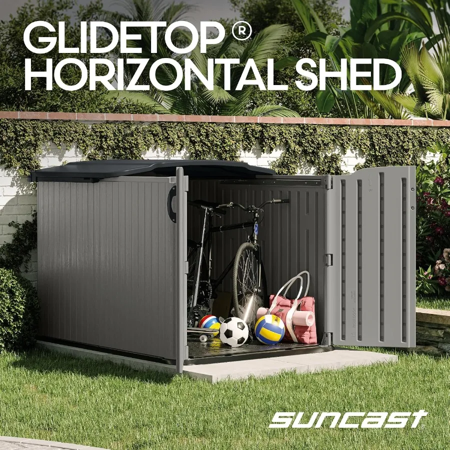 Horizontal Storage Shed, 98 Cu Ft, Resin, Glidetop, Sliding Lid