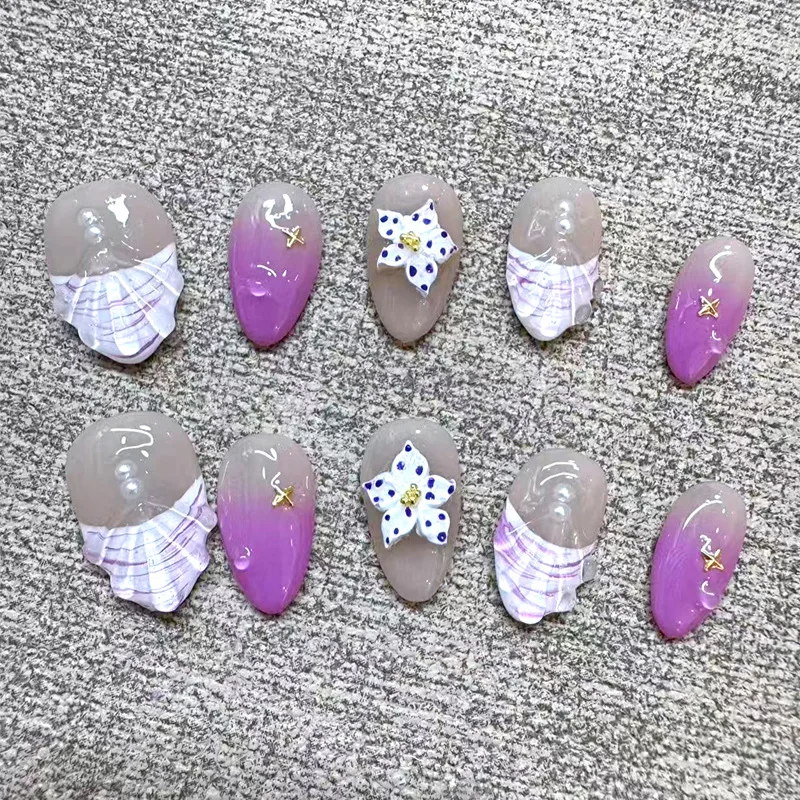 

24Pcs Mid-length Round Fake Nails Press on Purple Gradient 3D Flower Design Full Cover Nails Tips Detachable Almond False Nails