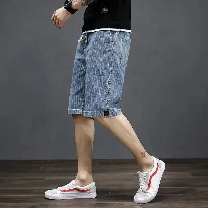 Men\'s Short Jeans Pants Long Big Size Stretch Male Denim Shorts Drawstring Half Bermuda Stripe Oversize With Vintage Blue