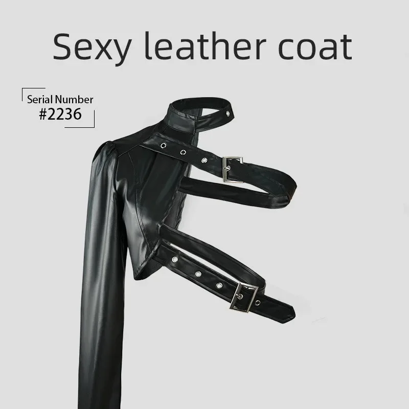Women Punk PU Leather Jacket Irregular Black Irregular Unilateral Irregular Unilateral Buckle Jacket High Street Motorcycle Coat