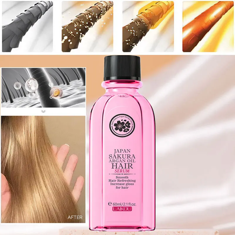 

LAIKOU 60ml Pure Sakura Hair Essential Oil Argan Essence Moisturizer Nourish Scalp Dry Hair Care Products for Woman
