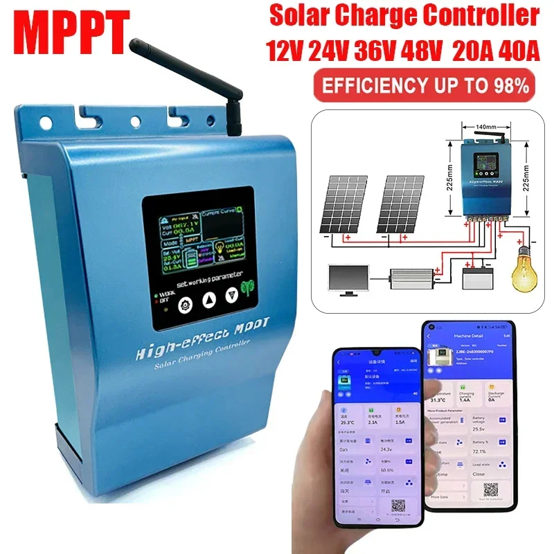 MPPT Solar Charge Controller 20A 40A Bluetooth Wifi Compatible 12/24/36/48V Batteries Multi-Battery Support Lithium Lead-Acid