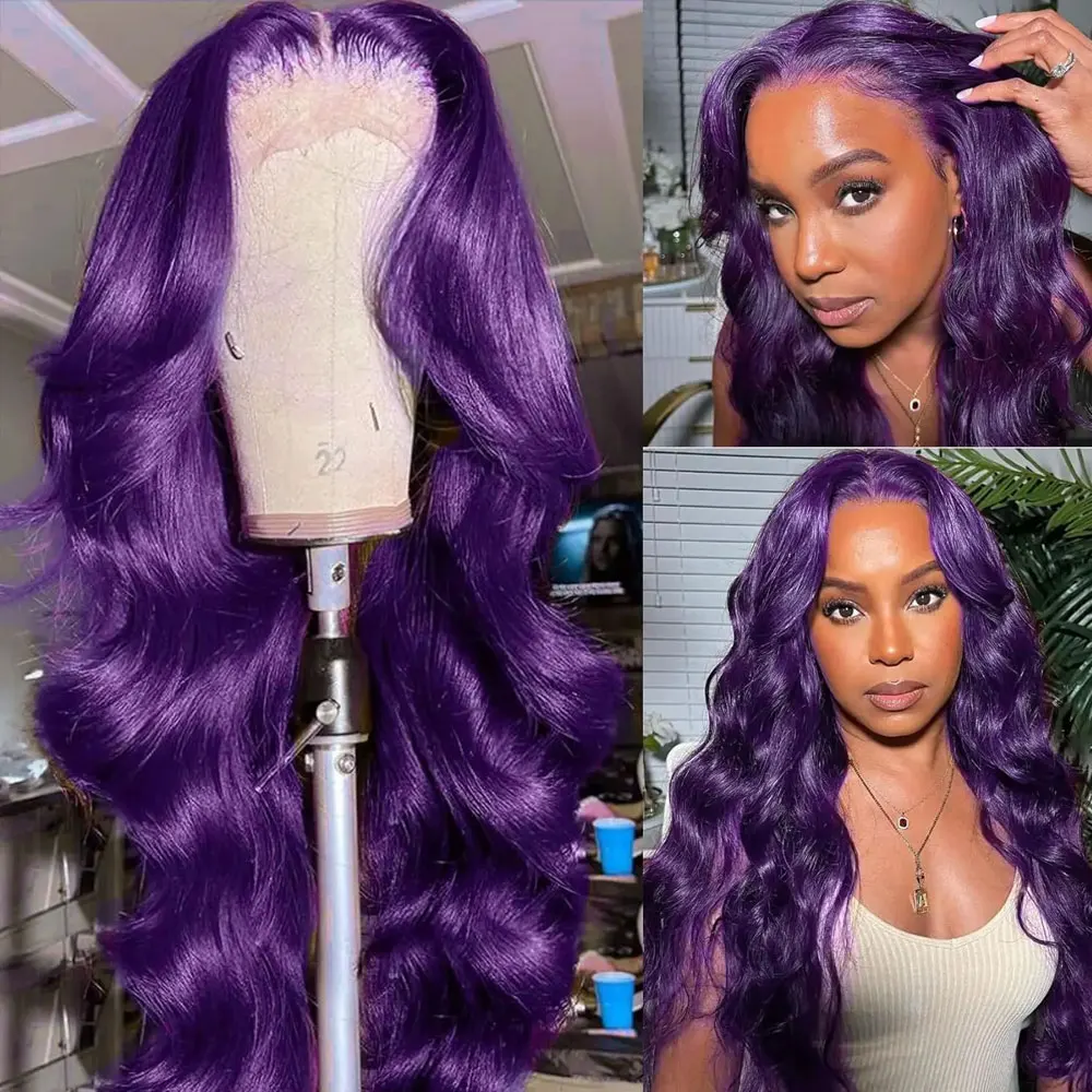 Dark Purple Body Wave Human Hair Wigs 13x4 HD Lace Frontal Human Hair Wig 200% Colored Body Wave Lace Front Wig For Women