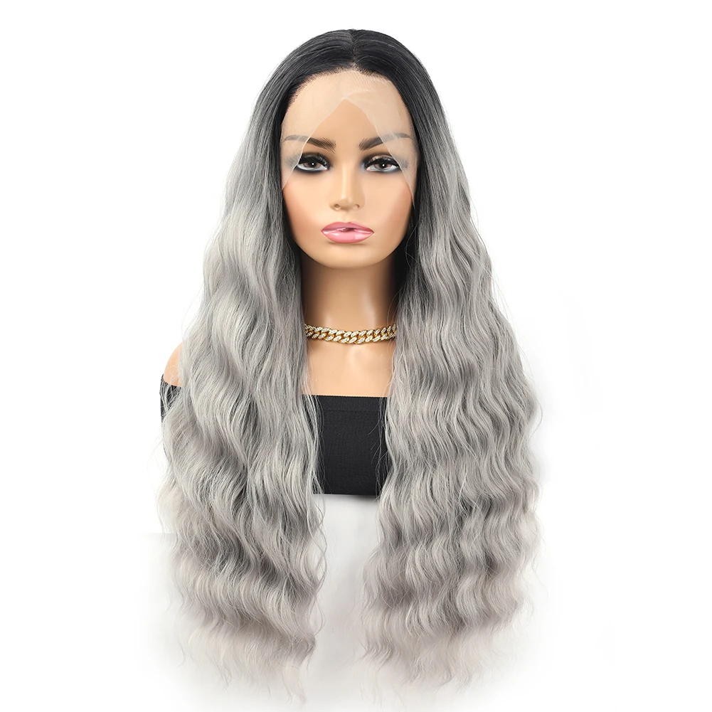 

Длинный натуральный волнистый черный и серый смешанный синтетический парик шнурка для женщин, прозрачные кружевные натуральные волосы, термостойкие парики