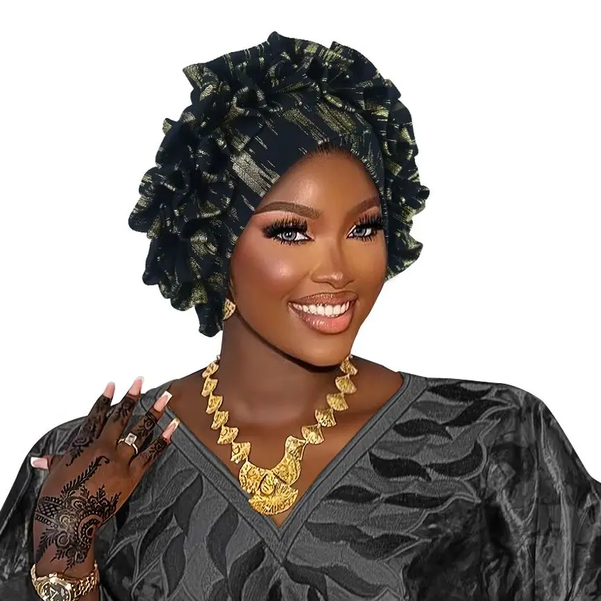 Shiny Flower Turban Cap for Women African Auto Gele Headtie Aso Oke Nigeria Wedding Headgear Muslim Hijab Bonnet Scarf Head Wrap