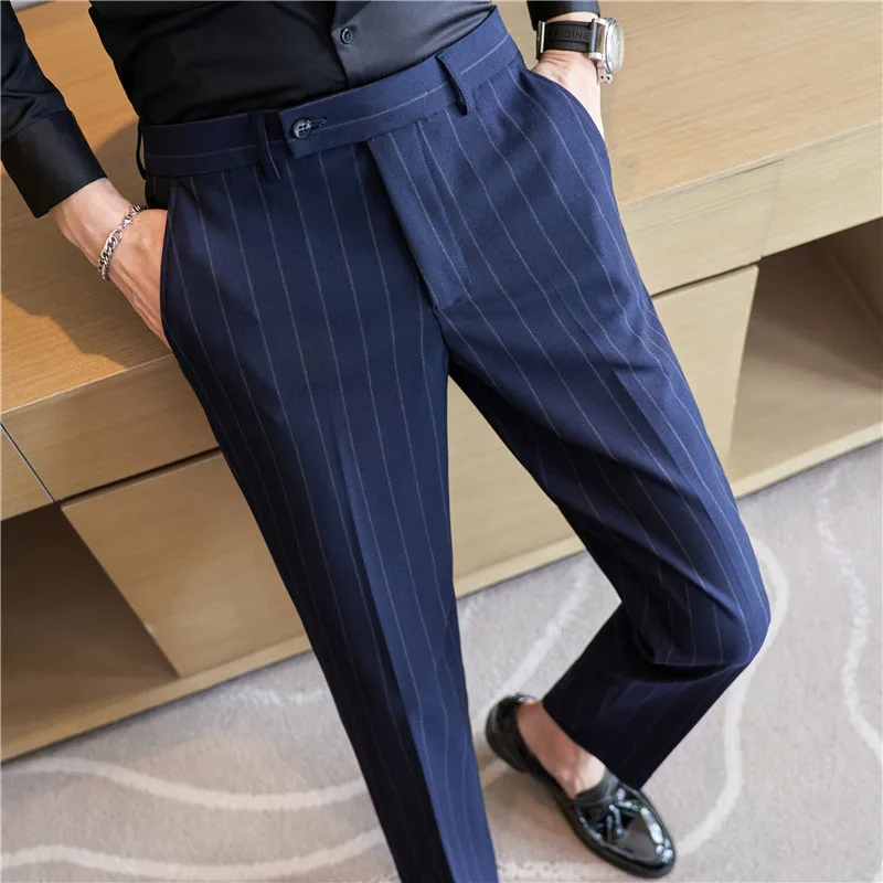 Men\'s Striped Suit Pants Elastic 2024 Autumn New Social Casual Trousers Slim Fit Suit Pants Business Office Wedding Men Clothing