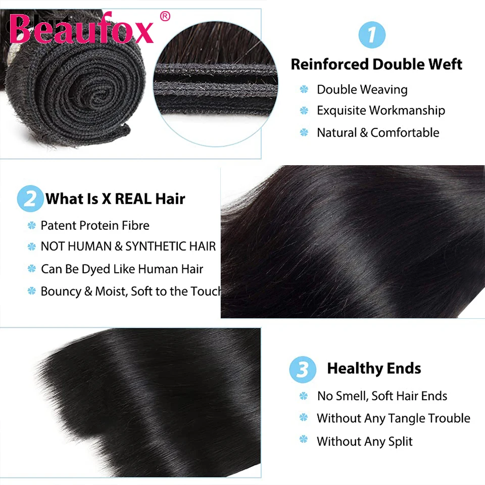 Beaufox Straight Human Hair Bundles 32 inches 3/4 Bundles Deal Brazilian Hair Weave Bundles Remy Human Hair Extensions For Women