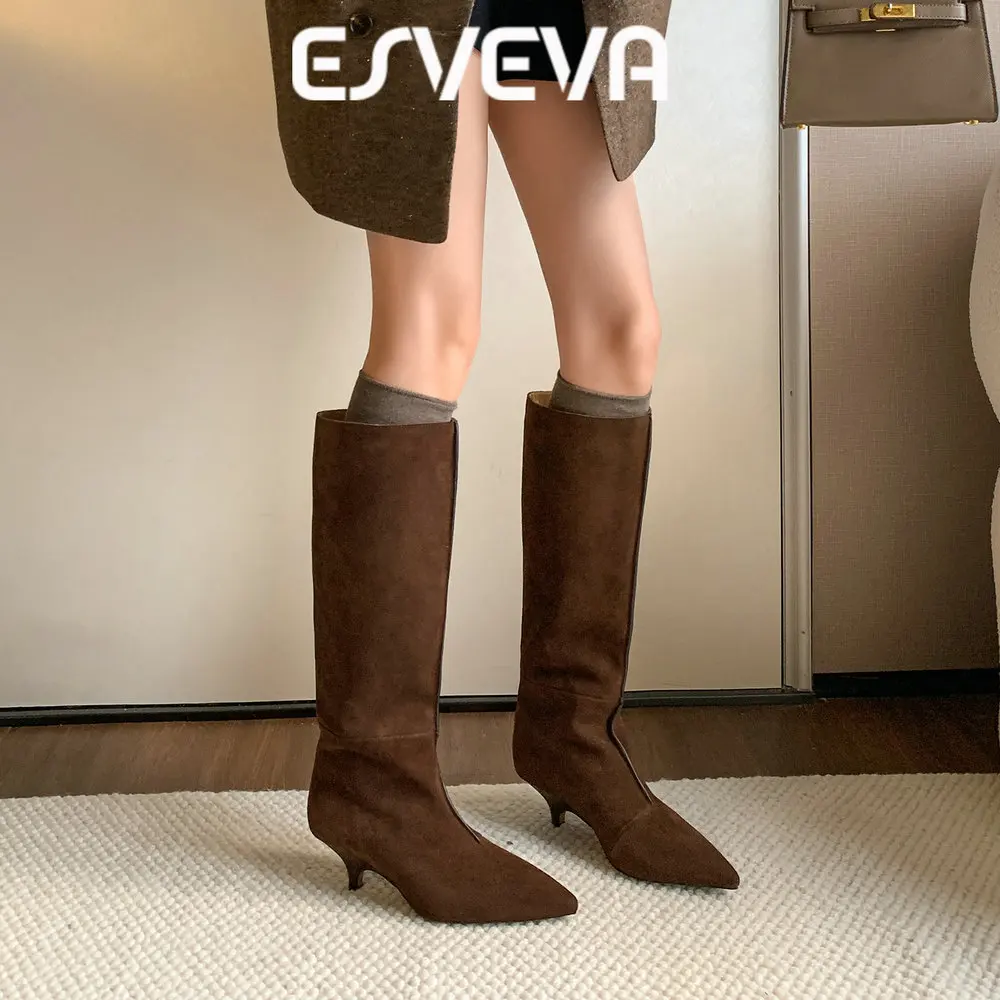 ESVEVA 2027 News Fashion Women Knee High Boots Cow Suede Winter Woman Wrinkle Shoes High Heels Western Autumn Long Boots 34-39